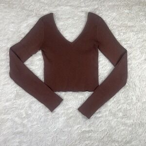 Forever 21 LONG SLEEVE FRONT Cropped Long Sleeve Knit TOP V Neck Brown‎ Size M